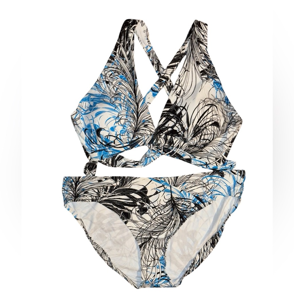 Swimsuits For All Blue, Black & White Crossover Bikini Set Ashley Graham